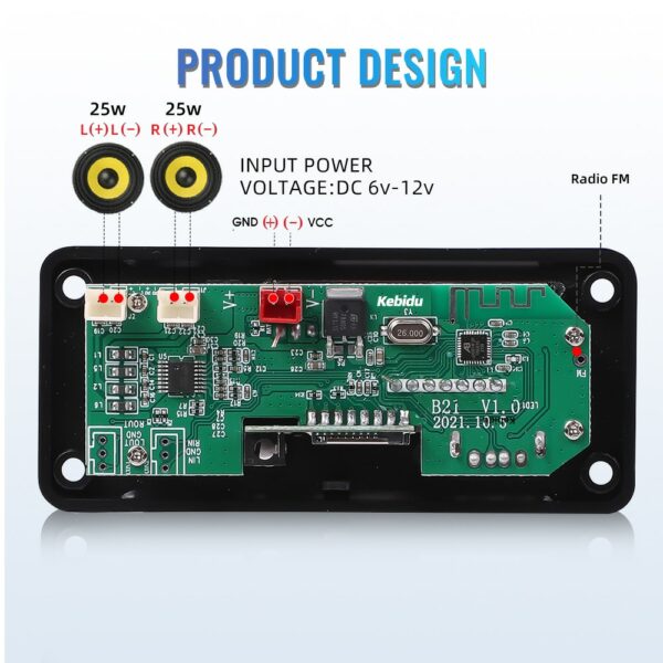 MP3 ДЕКОДЕР ПЛАТА BLUETOOTH5.0 АВТОМОБИЛЬНЫЙ MP3-ПЛЕЕР USB МОДУЛЬ FM AUX РАДИО ПИТАНИЕ ОТ 6 – 12 ВОЛЬТ 2*25 ВТ УСИЛИТЕЛЬ — изображение 4
